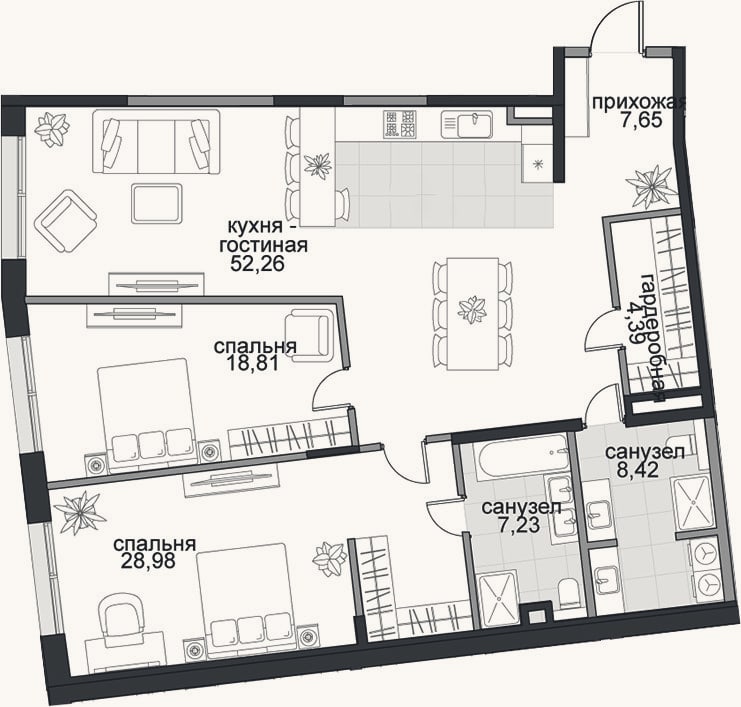Планировка: 3-к, 127,7 м²