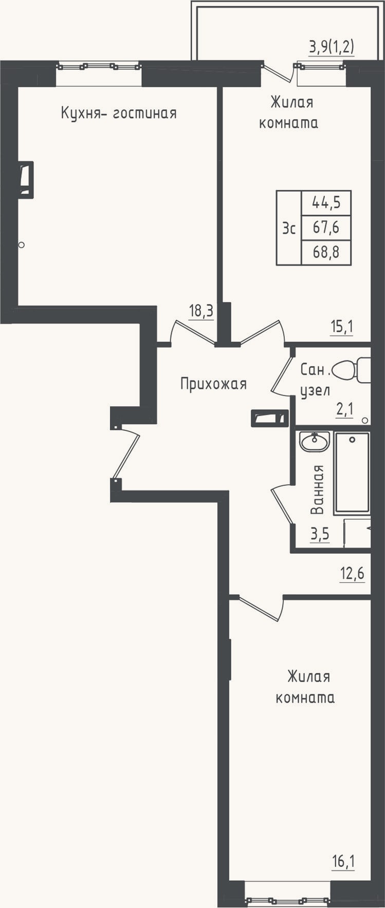 Планировка: 2-к, 67,6 м²