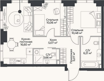 Планировка: 3-к, 55,7 м²