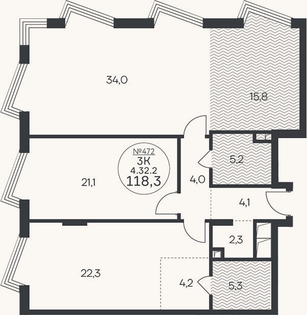 Планировка: 3-к, 118,3 м²