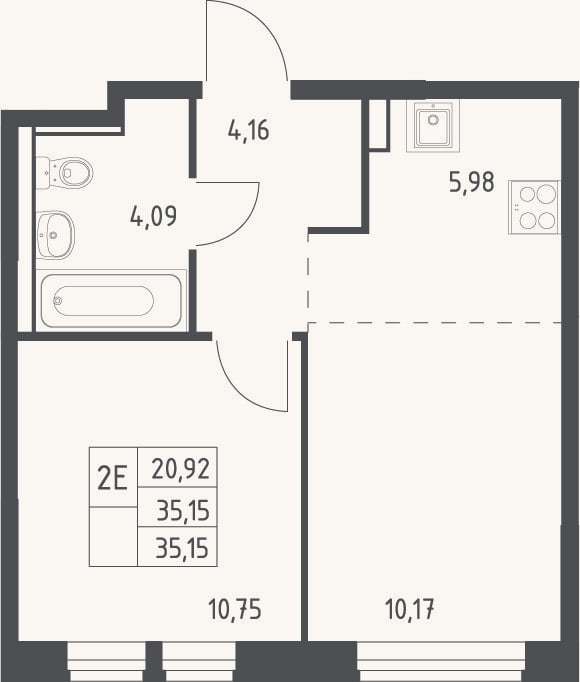 Планировка: 2-к, 35,2 м²