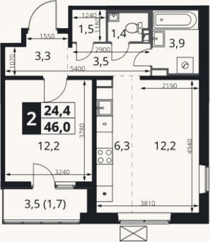 Планировка: 2-к, 44,3 м²