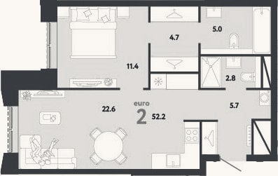 Планировка: 2-к, 52,2 м²