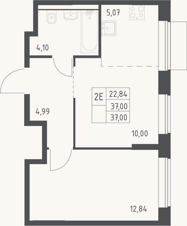 Планировка: 2-к, 37 м²