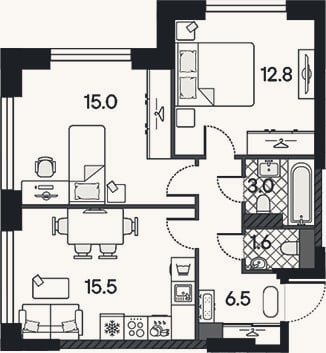 Планировка: 3-к, 54,4 м²