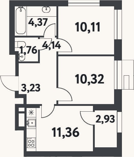 Планировка: 2-к, 45,3 м²