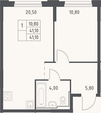 Планировка: 2-к, 41,1 м²