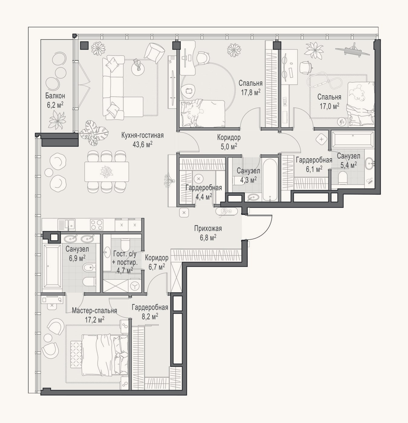 Планировка: 4+ к, 156,7 м²