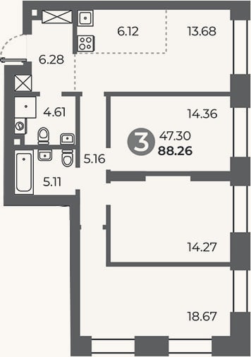 Планировка: 3-к, 88,3 м²