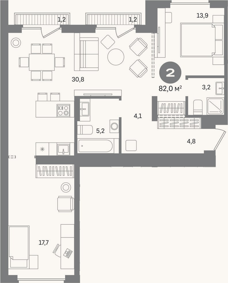 Планировка: 2-к, 79,6 м²