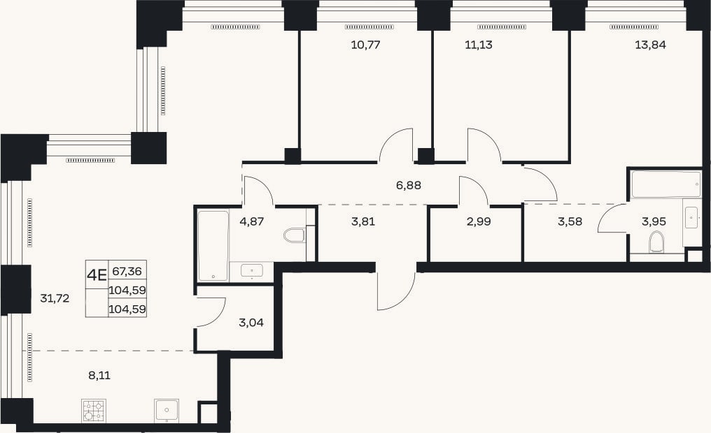 Планировка: 4+ к, 104,6 м²