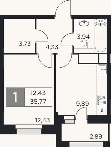 Планировка: 1-к, 34,3 м²