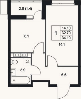 Планировка: 1-к, 32,9 м²