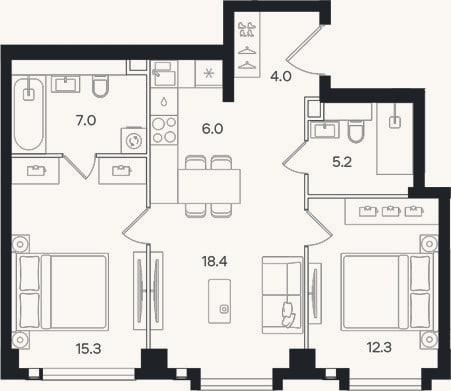 Планировка: 3-к, 68,2 м²