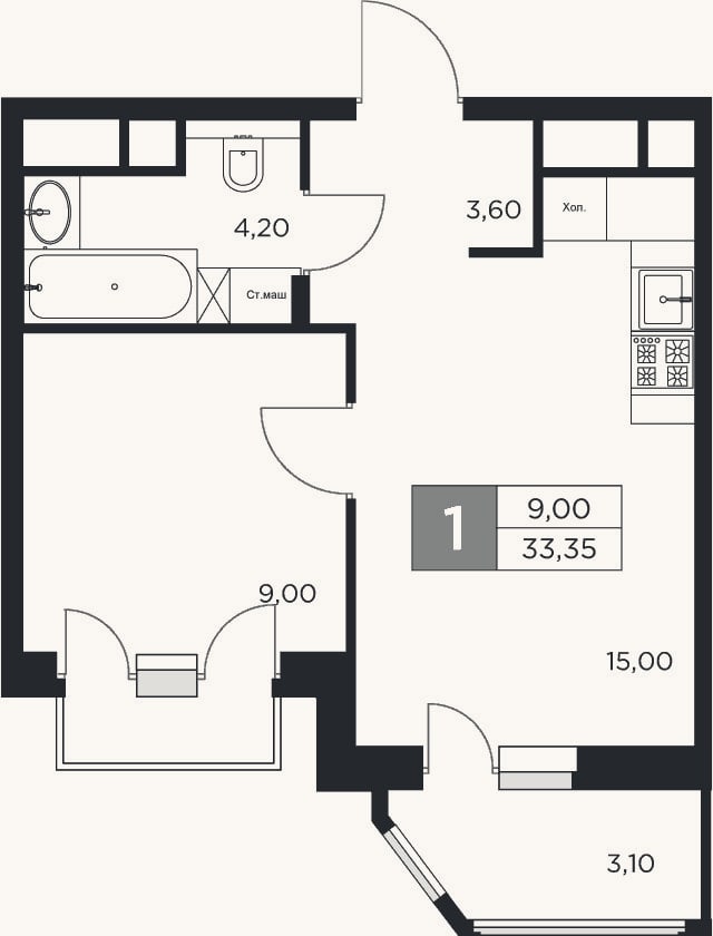 Планировка: 2-к, 31,8 м²