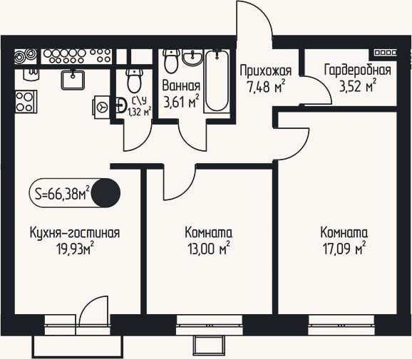 Планировка: 2-к, 66 м²