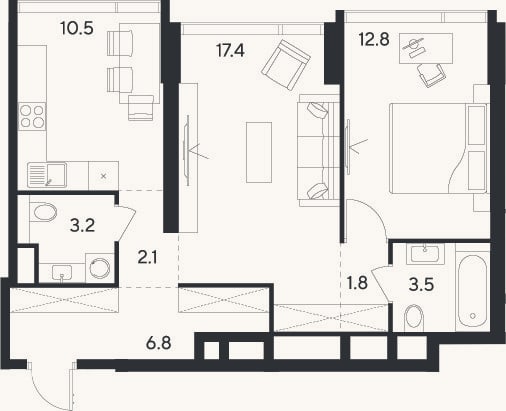Планировка: 2-к, 58,1 м²