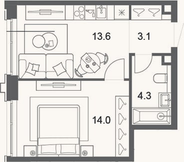 Планировка: 2-к, 35 м²