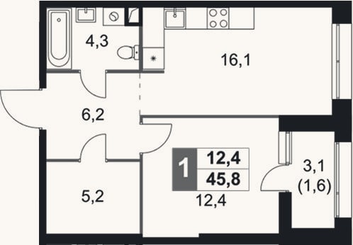Планировка: 2-к, 44,2 м²