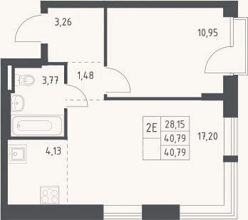 Планировка: 2-к, 40,8 м²