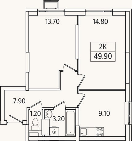 Планировка: 2-к, 49,9 м²