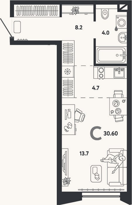 Планировка: Студия, 30,6 м²