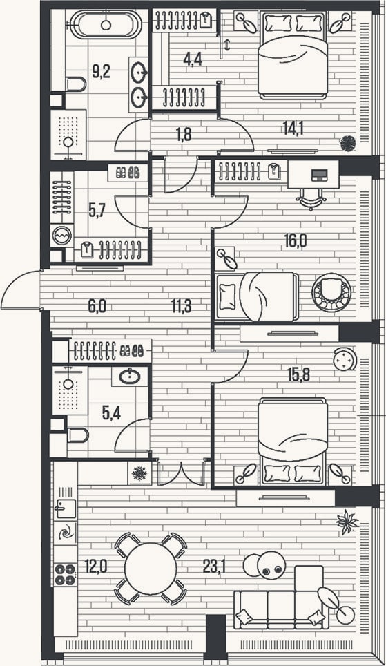 Планировка: 4+ к, 124,8 м²