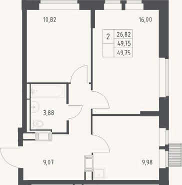 Планировка: 2-к, 49,8 м²