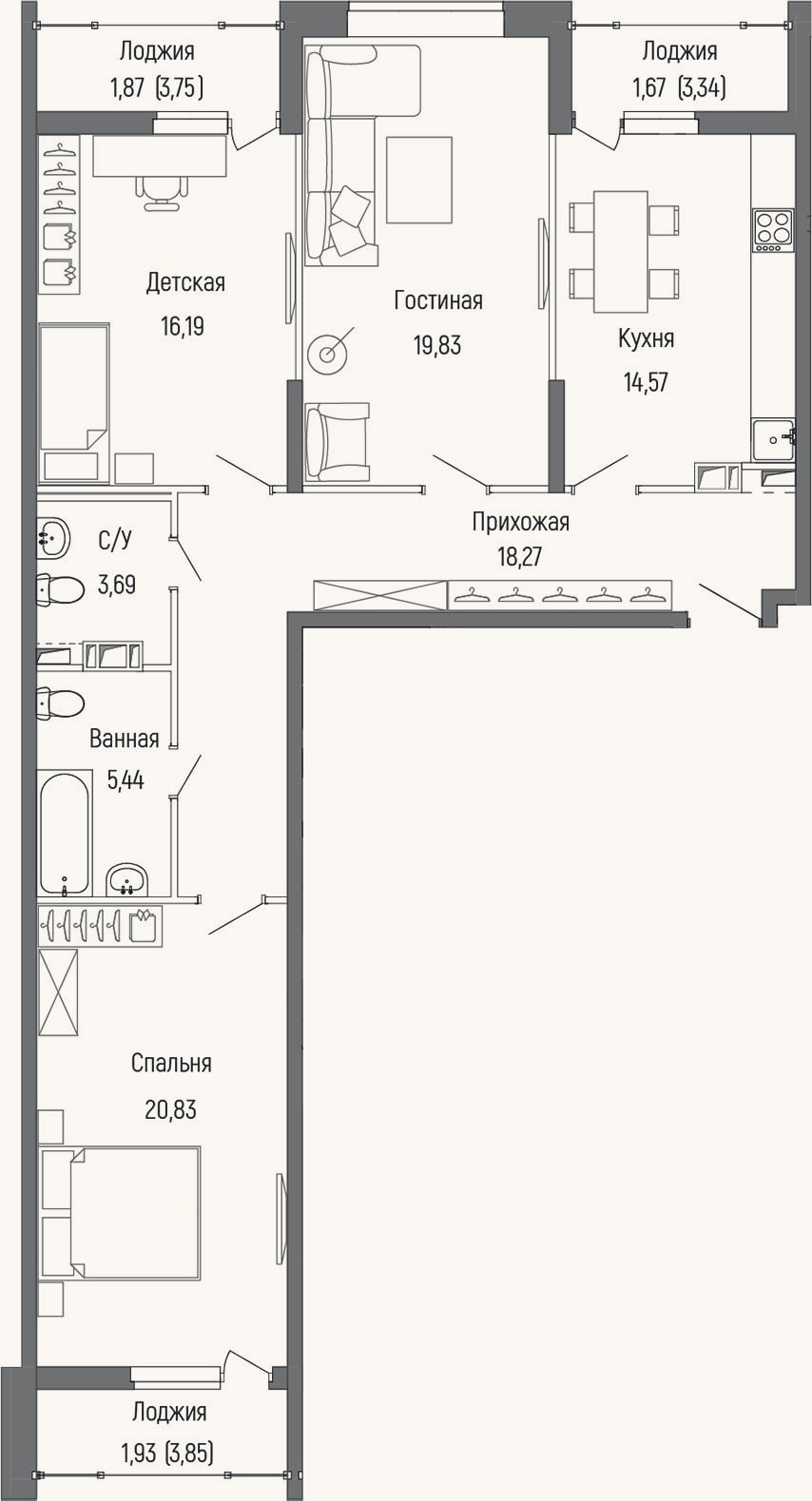 Планировка: 3-к, 98,8 м²
