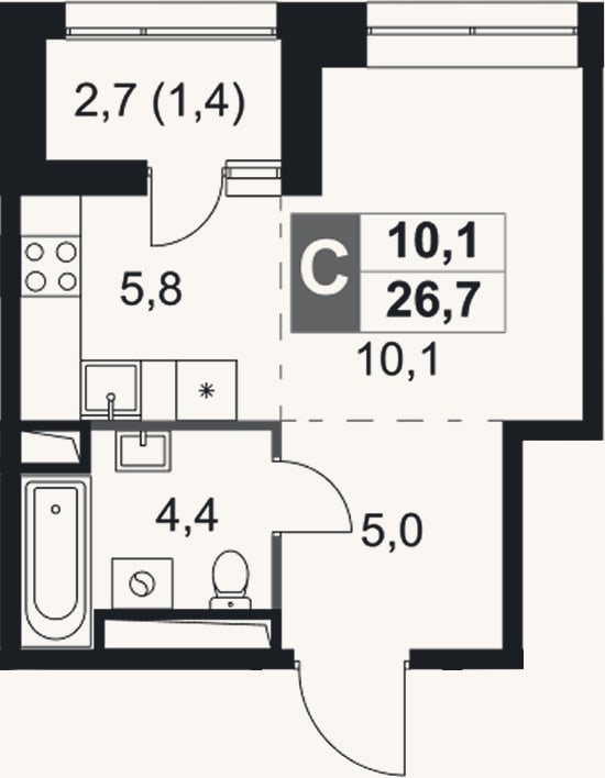 Планировка: Студия, 25,3 м²