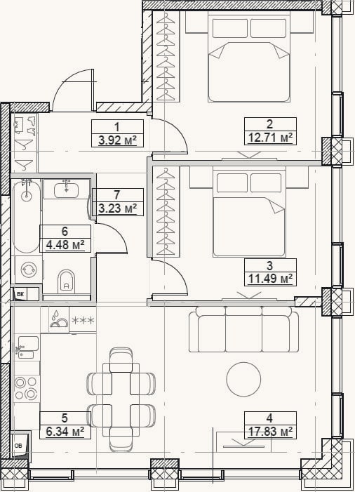 Планировка: 3-к, 60 м²