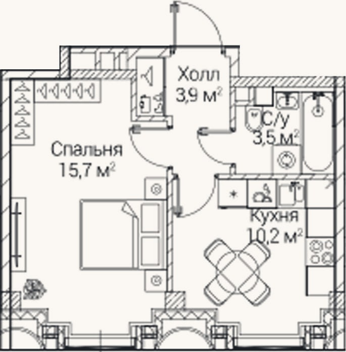 Планировка: 1-к, 33,3 м²