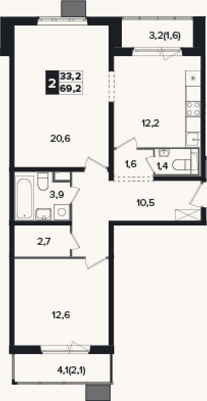 Планировка: 2-к, 65,5 м²