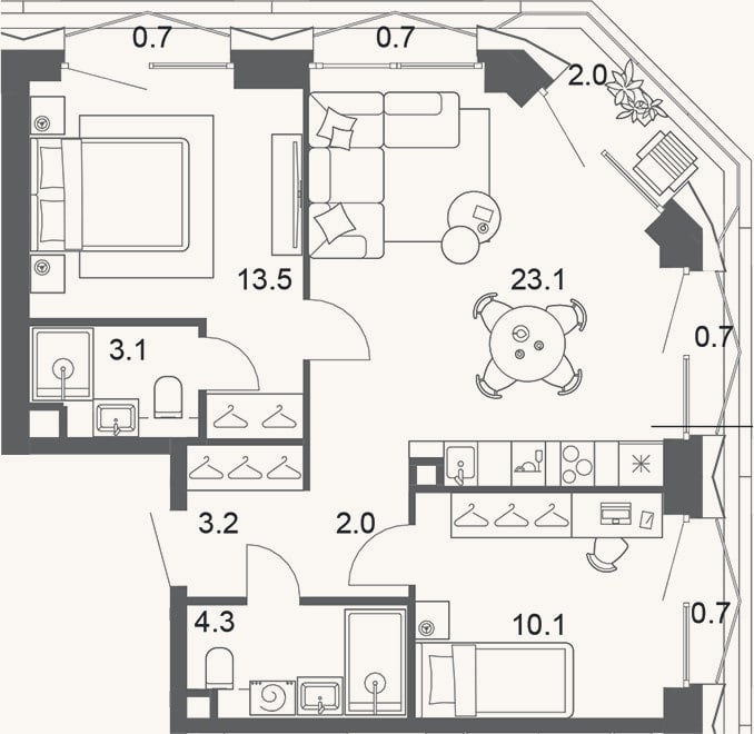 Планировка: 3-к, 55,7 м²