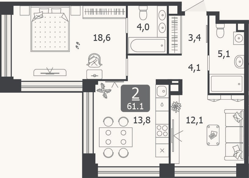 Планировка: 2-к, 61,1 м²