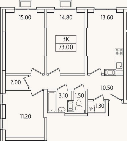 Планировка: 3-к, 73 м²