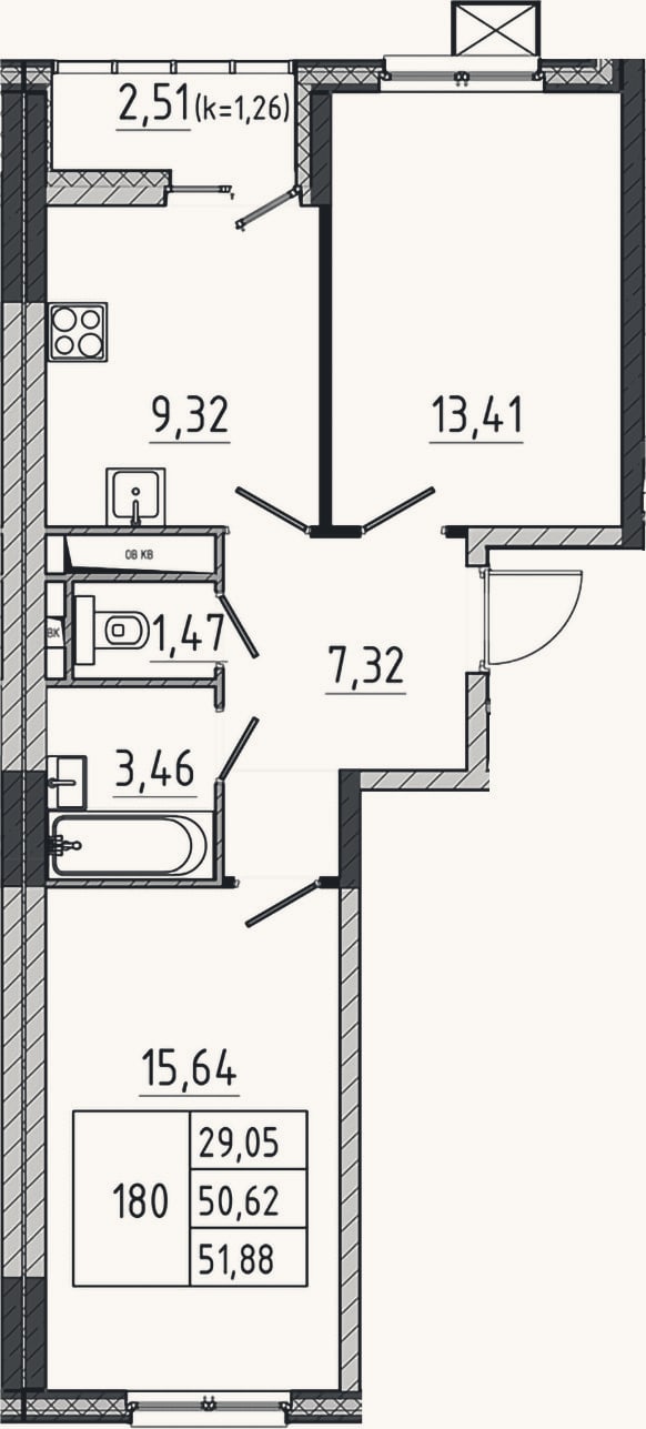 Планировка: 2-к, 50,6 м²