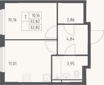 Планировка: 1-к, 32,8 м²