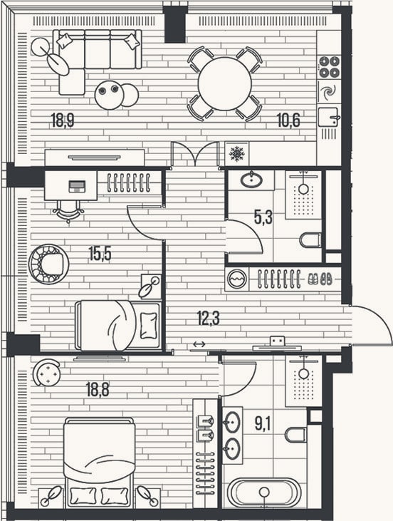 Планировка: 3-к, 90,5 м²
