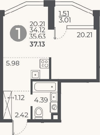 Планировка: Студия, 34,1 м²