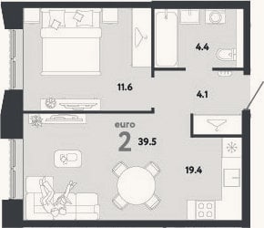 Планировка: 2-к, 39,5 м²