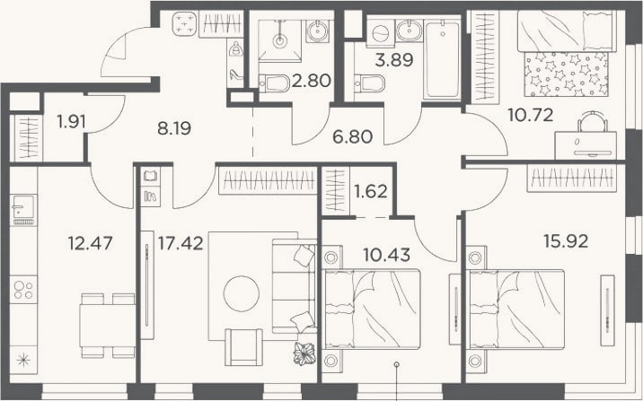 Планировка: 4+ к, 92,2 м²
