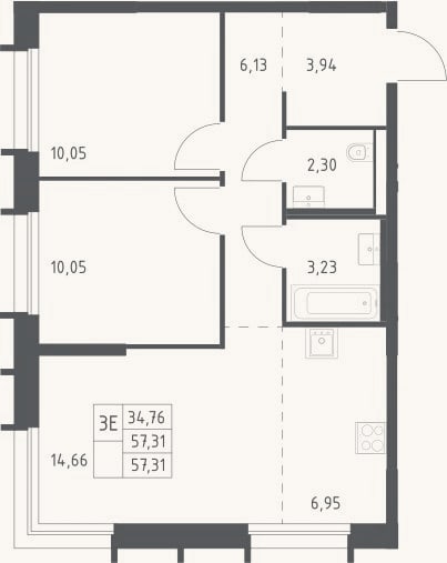 Планировка: 3-к, 57,3 м²