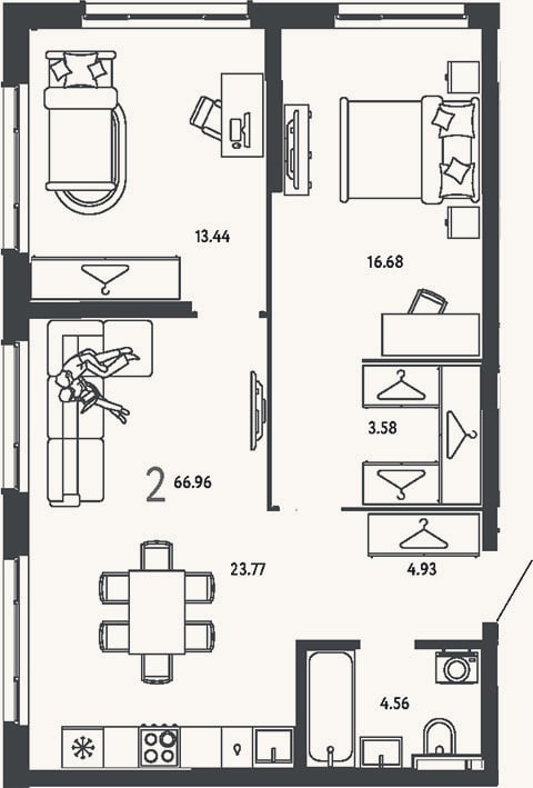 Планировка: 2-к, 67 м²