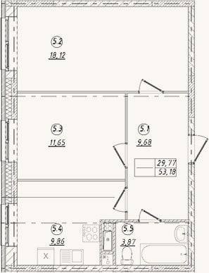 Планировка: 2-к, 53,2 м²