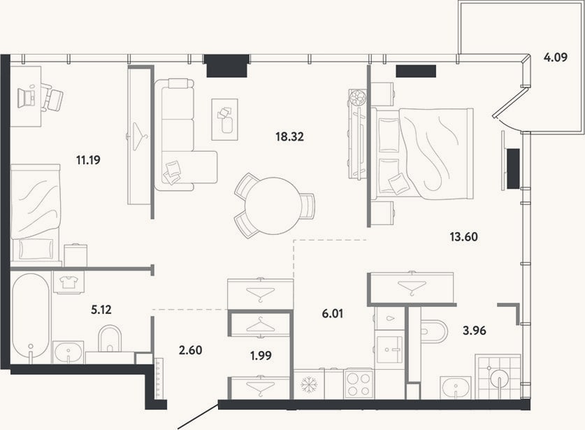 Планировка: 2-к, 62,8 м²