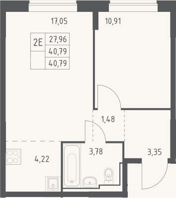 Планировка: 2-к, 40,8 м²