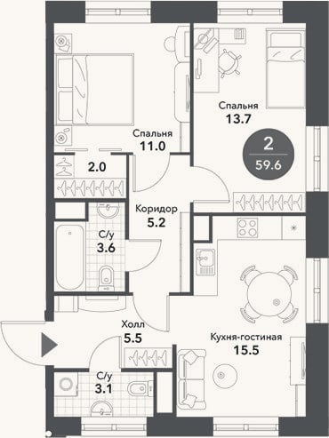 Планировка: 3-к, 59,6 м²