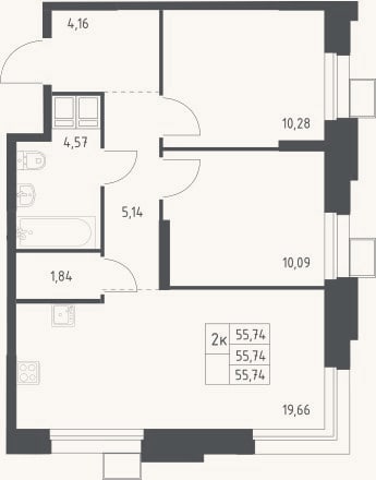 Планировка: 3-к, 55,7 м²