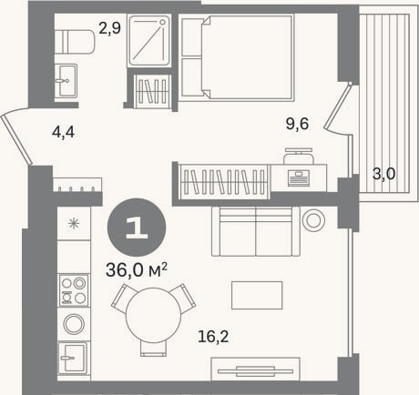 Планировка: 1-к, 33 м²